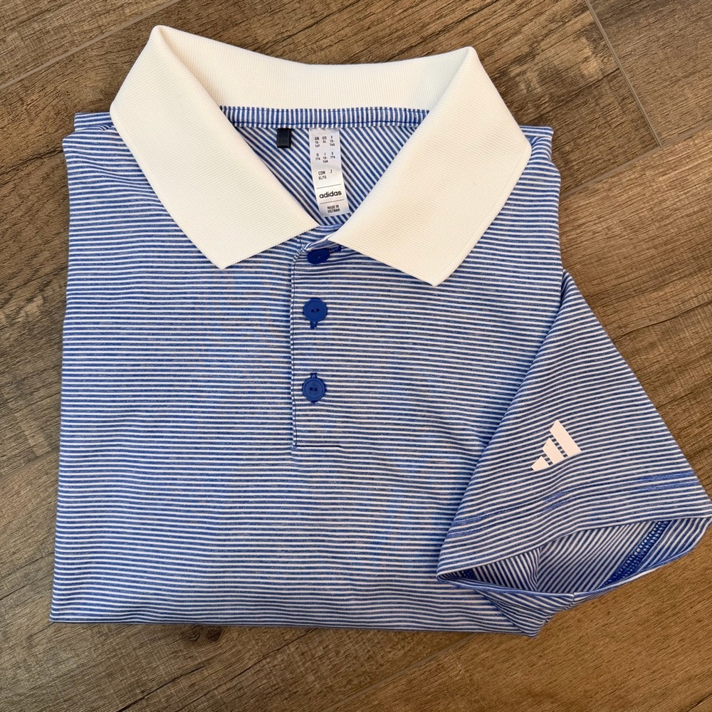 Adidas‎ Boys XL Junior Ottoman Polo Blue White Striped Shirt Golf Outdoor Preppy
